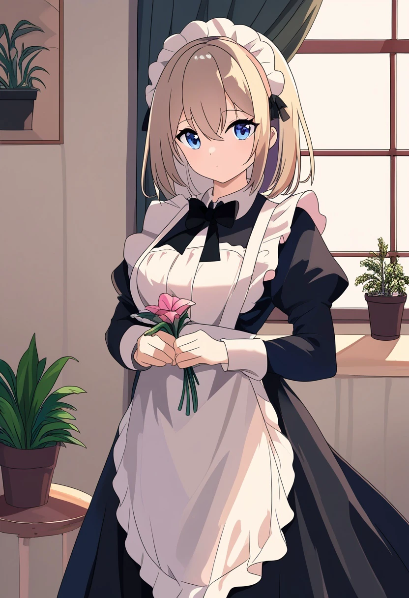 1girl, indoors, holding, medium hair, window, maid, flower, apron, potted plant, breasts, frills, solo, bowtie, closed mouth, puffy sleeves, black dress, curtains, maid headdress, bow, dress, maid apron, light brown hair, frilled apron, black bow, sunlight, holding flower, juliet sleeves, blue eyes, plant, white apron, looking at viewer, long sleeves