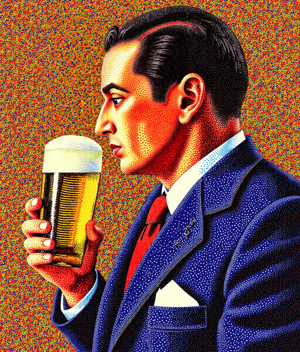 <lora:Pointillism_Art_style:0.9> pointillism art style a man holds a beer