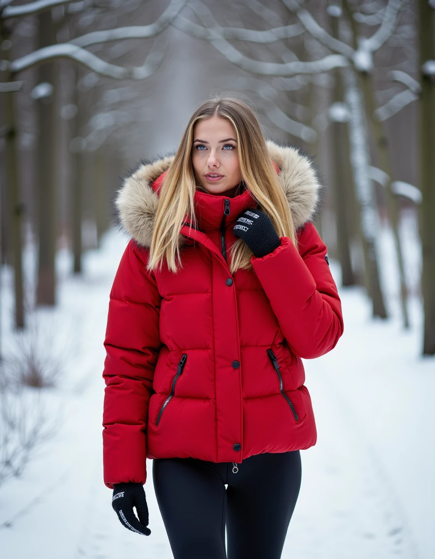 woman, alicaschmidt, blonde,straight hair,Walking through a snow-covered forest wearing a red puffer jacket,  <lora:alicaschmidtmini:1>