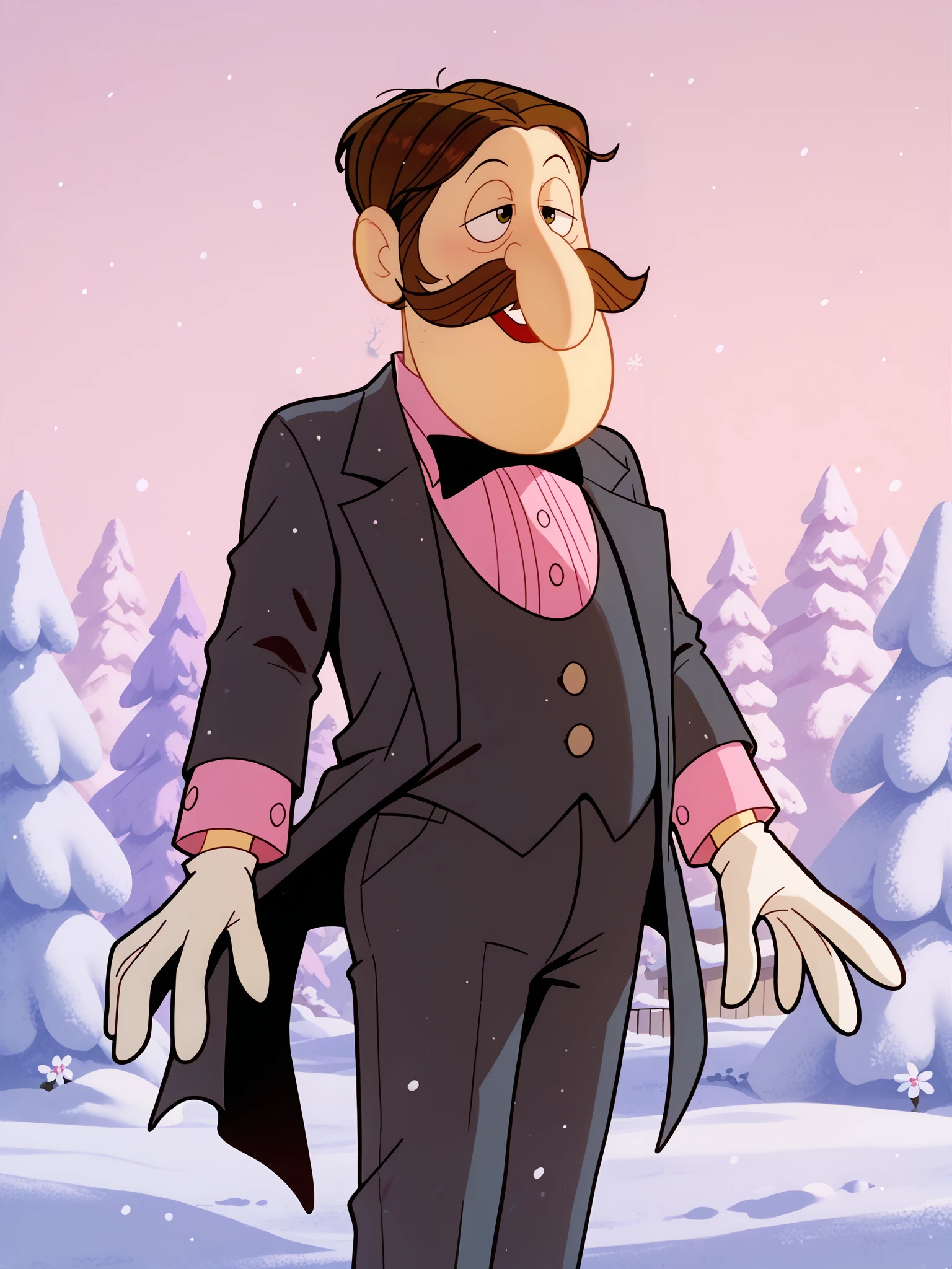 score_9, score_8_up, score_7_up, score_6_up,  <lora:Professor_Hinkle_-_Frosty_the_Snowman:1> professorhinklefrostythesnowman, 1boy, solo, skinny, parody, brown hair, facial hair, mustache, formal, pink shirt, white gloves, suit, coat tails, bowtie, outdoors, snow