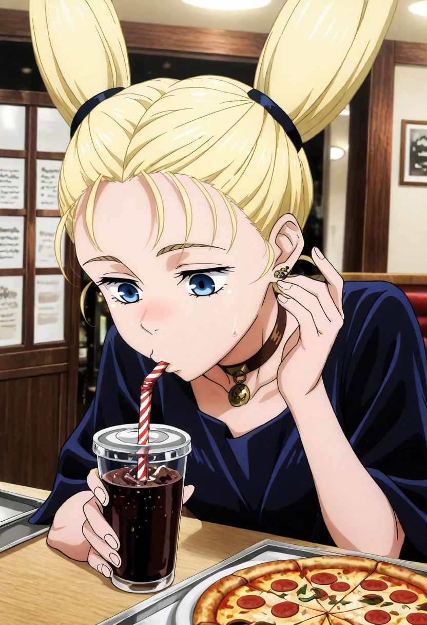 masterpiece, best quality, absurdres, highres, detailed background, <lora:hyperSD8:1>,
 <lora:MOMOMO:1> nishimiya momo, 1girl, blonde hair, twintails, choker, black dress, earrings,loose clothes, face focus, open mouth, drinking straw, cola, sucking_straw,restaurant, pizza, holding cup,solo,