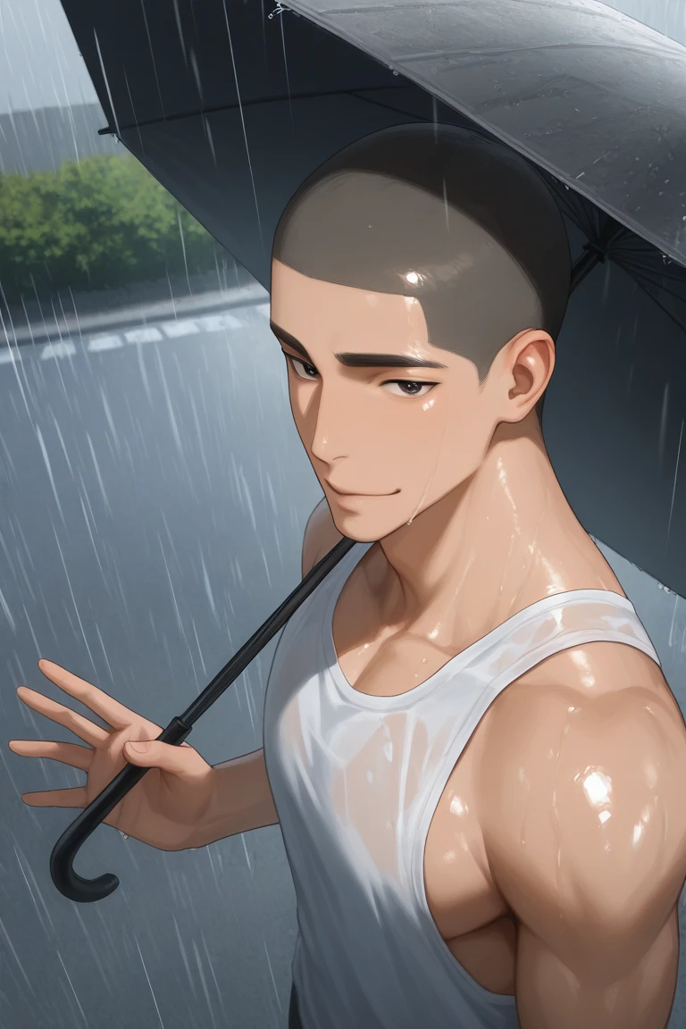 subsurface scattering, realistic shading, natural lighting, raining, sunshower, sunray, sunny, summer theme, holding umbrella, 1hand waving, male focus, looking at viewer, expressive face, DaikiAOFH, black_DaikiAOFH_eyes, dark grey_DaikiAOFH_buzz cut, 1boy, shiny skin, sweet smile, summer clothes, tank top, outdoors, road, bush, from above, dynamic angle, intricately detailed illustration, depth of field, masterpiece, best quality, amazing quality, very aesthetic, absurdres, newest