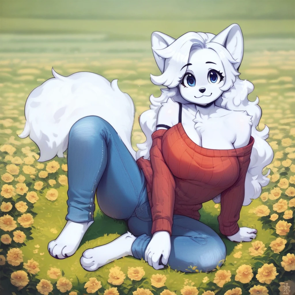 score_9, score_8_up, score_8, score_7, source_cartoon, source_furry, Solo, 1girl, anthro, dog, dog girl, samoyed, female furry, white fur, long hair, white hair, fluffy tail, cyan eyes, large breasts, cute face, soft smile, full body, leaning towards viewer, detailed sexy eyes, detailed sexy hair, exposed shoulders, shoulder strap undershirt, sweater, denim pants, flower meadow,