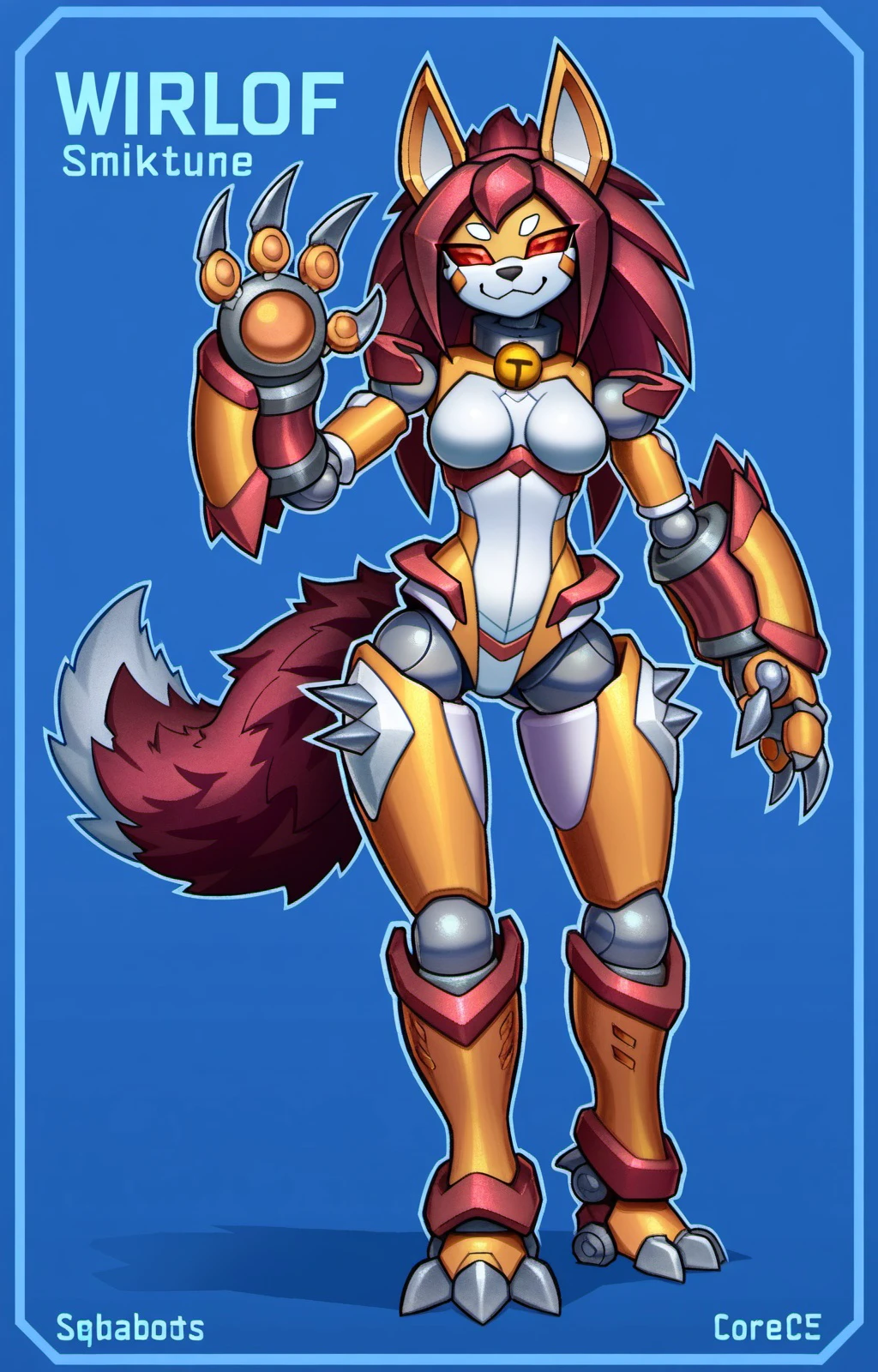 masterpiece, best quality, <lora:bedabots_obsession_v2:0.7> bedabots, smirkitsune, 1girl, solo, long hair, breasts, looking at viewer, smile, red eyes, animal ears, medium breasts, standing, tail, full body, red hair, artist name, character name, collar, bell, :3, blue background, robot, furry, claws, wolf tail, neck bell, animal hands, furry female, wolf girl, joints, robot joints, animal feet