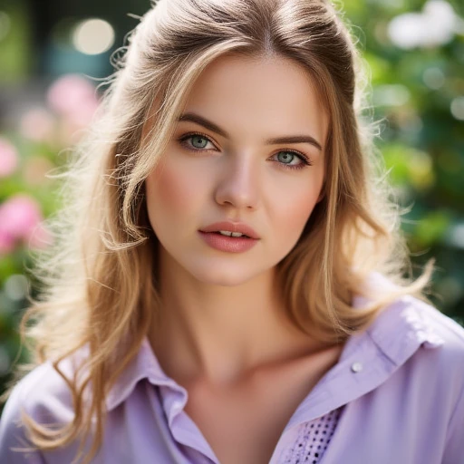 A close-up portrait of a beautiful blonde-haired woman with soft, wavy locks cascading around her face. Her bright blue eyes sparkle with confidence, complemented by subtle, natural makeup. She wears a pale lavender blouse with a delicate lace neckline. The background is softly blurred, showing hints of a bright, sunlit garden filled with flowers.