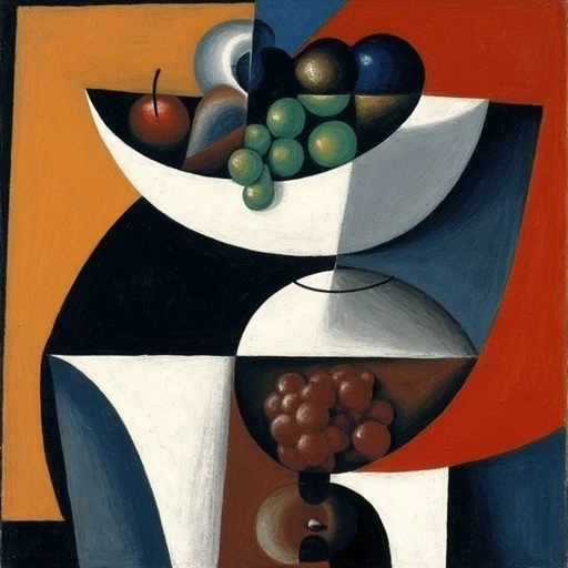 a JuanGris painting cubism style of bowl with grapes on a table