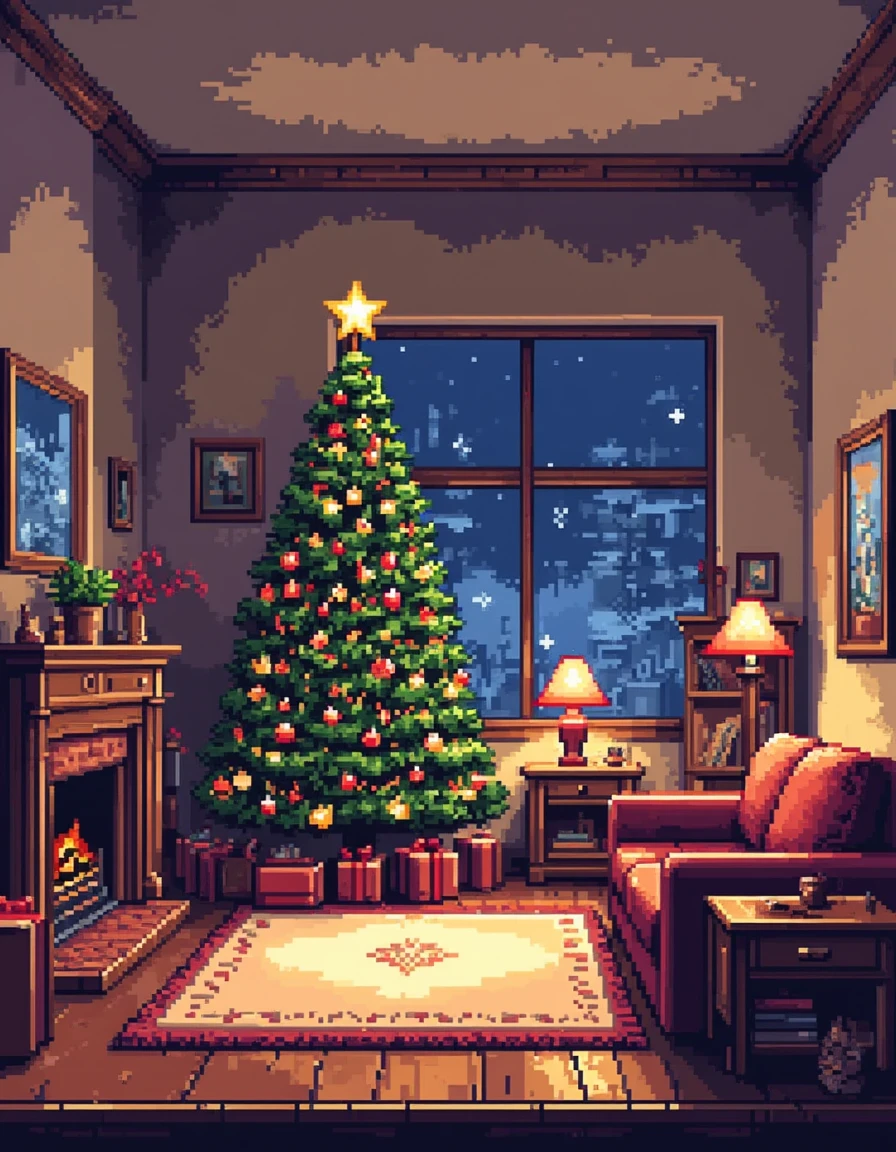 A pixel art illustration, in the living room at christmas<lora:General Flux\pixel-art-christmas.safetensors:0.9:1.0>