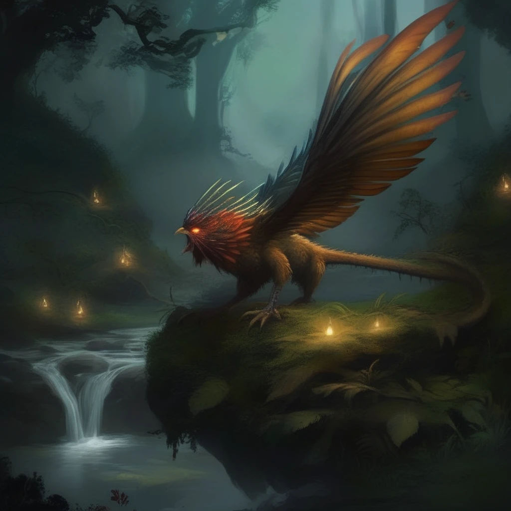 concept art  <lora:cockatrice:1> cockatrice, a cockatrice perched on a mossy stone in an enchanted forest, its reptilian body blending into the lush greenery. Its leathery wings are partially spread, revealing iridescent scales that shimmer in the faint moonlight breaking through the canopy. The camera angle is low, looking up at the creature, giving it a menacing and majestic aura. A soft mist swirls around the forest floor, diffusing the moonlight into an ethereal glow. Tiny magical fireflies illuminate the scene, casting a warm, golden hue against the cockatriceâs dark, sharp talons.
 . digital artwork, illustrative, painterly, matte painting, highly detailed