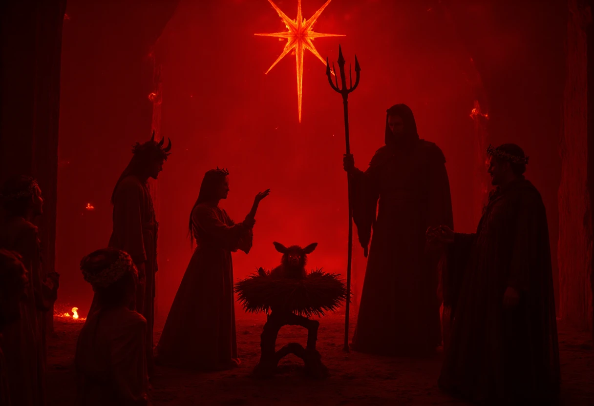 In the heart of a fiery inferno, where shadows dance and flames lick the obsidian walls, a devilish nativity unfolds. The manger, a twisted gnarled tree trunk, cradles a jet-black goat kid, its eyes glowing with infernal crimson. Mary, adorned with horns and a crown of thorns, gazes upon the creature with a wicked smile. Joseph, cloaked in darkness and wielding a fiery trident, stands guard, his eyes burning with malevolent intent.
A chorus of demonic figures, their forms shifting and morphing in the flickering flames, chant an unholy hymn, their voices echoing through the cavernous depths. The Star of Bethlehem, now a blood-red pentagram, casts an eerie glow upon the scene, illuminating the twisted figures and the demonic goat kid.
<lora:Nativity Scene Style_epoch_10:1>