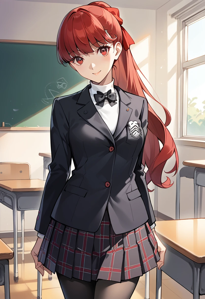 score_9, score_8_up, score_7_up, (source_anime), 1 girl, solo, cute face, smile, looking at viewer, standing,
Kasumi Yoshizawa, yoshiz4wa,
long hair, ponytail, red bow, shujin academy school uniform, school uniform, black blazer, white turtleneck, bowtie, plaid skirt, pleated skirt, black pantyhose, red shoes
indoors, classroom,