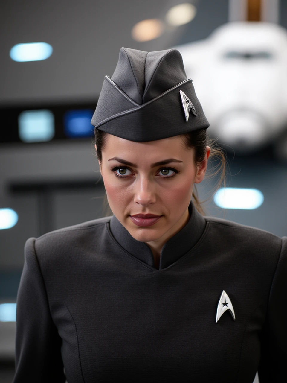 This is an overhead shot taken from a Starfleet border space station, which is brightly lit with a space shuttle ready for takeoff in the background. The woman in the photo is wearing a gray Starfleet uniform with a dark gray garrison cap on her head with a captain's rank insignia on the side of the cap as she prepares for a flight mission in the cockpit of the shuttle.

coh24, garrison cap, 