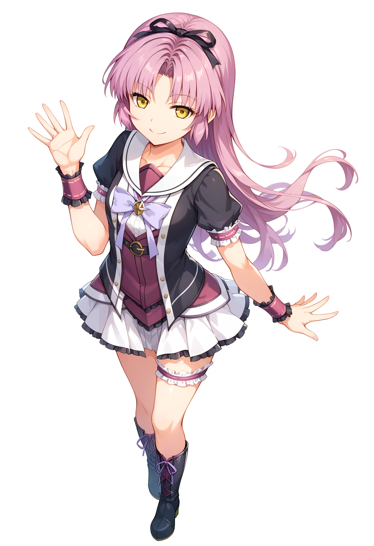 score_9,score_8_up,score_7_up,score_6_up BREAK source_anime,very,1girl,solo,smile,renne_\(eiyuu_densetsu\),wrist cuffs,white skirt,hair ribbon,belt,lace-up boots,bridal garter,sailor collar,purple bow,waving,standing,<lora:renne_(eiyuu_densetsu)-000011:1>,simple background,white background,