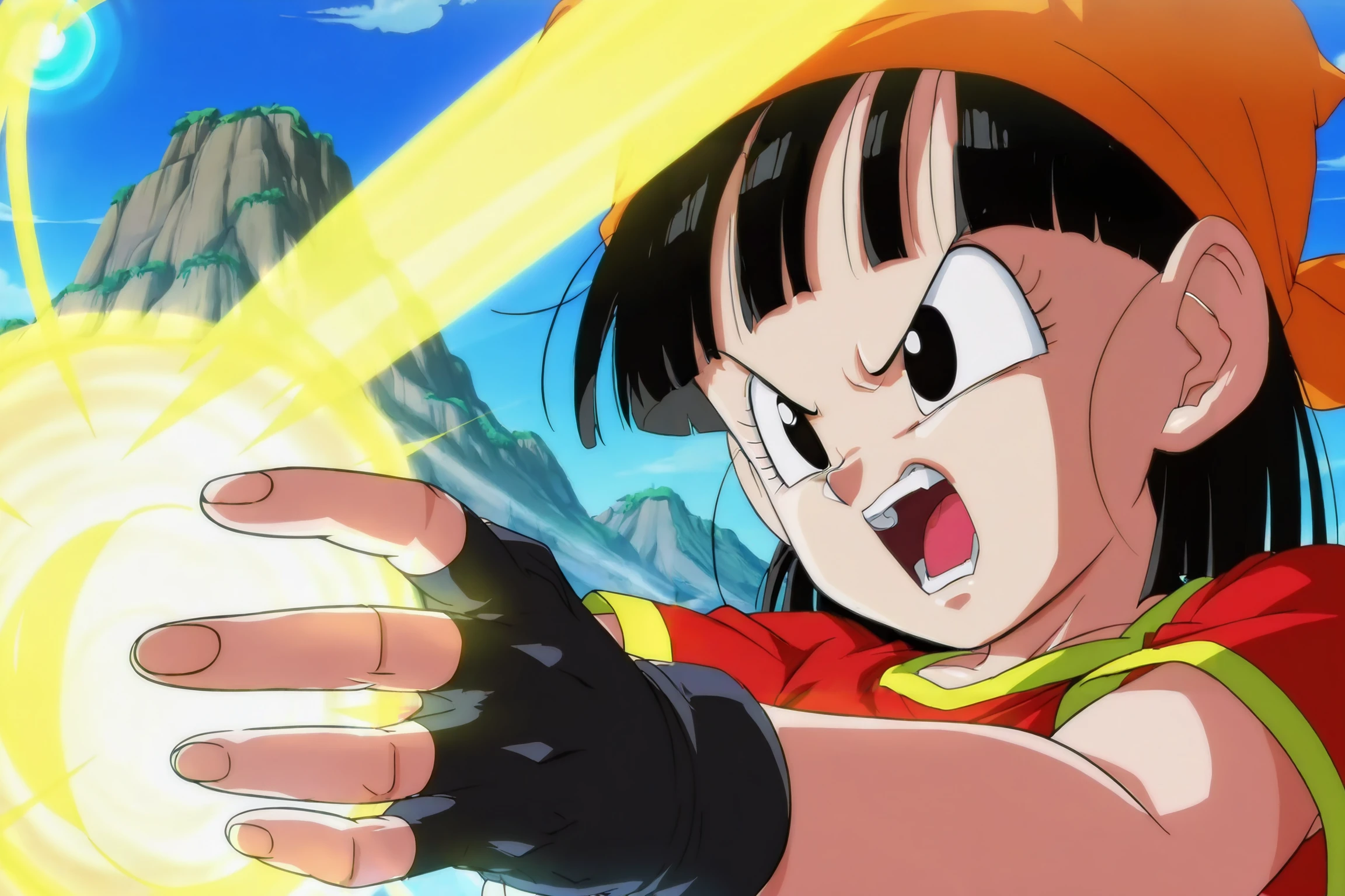 source_anime, score_9, score_8_up, score_7_up, anime screencap, absurdres, high quality,
pan \(dragon ball\), dragon ball gt, kamehameha, official style, 1girl, solo, short hair, open mouth, bangs, outdoors, black hair, close-up, short sleeves, teeth, black gloves, day, mountain, fingerless gloves, black eyes, gold trim, v-shaped eyebrows, sky, glowing, blue background, red crop top, serious, orange bandana, female , attack, energy ball, looking at another, eyelashes, v-shaped eyes, fingernails
  <lora:Pan_IL_v1:0.8>