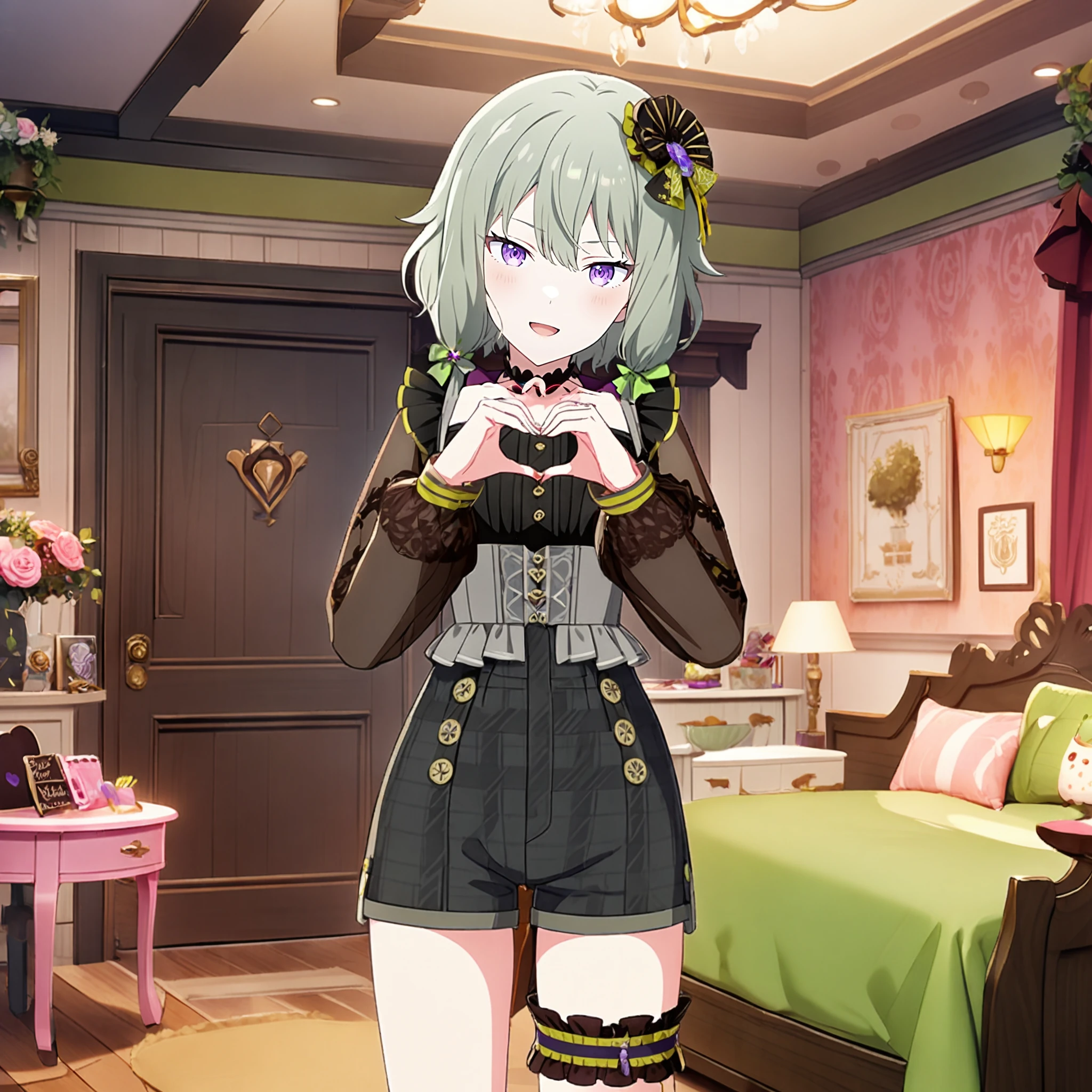 1girl, kusanagi nene, project sekai, masterpiece, very aesthetic, absurdres, official art,
valentine nene, green short hair, wolf hair, purple eyes,
looking at viewer, :D, head tilt, standing, heart hand, hands up, contrapposto, BREAK
black shorts, long sleeves, black shirt, choker, hair ornament, frills, bridal garter, high-waist shorts, puffy sleeves, bow, brown shirt, puffy long sleeves, thigh strap, sleeves past wrists, short shorts, see-through sleeves, hair bow, jewelry, green bow, frilled choker, corset,
indoors, kawaii room, black and brown color room, dusk, warm light,
<lora:sdxl-ws-ValentineNene01:0.9:lbw=0,0,0.2,0.2,0,0.4,0.4,0,0.8,0.8,0,0,0,0.8,0.8,0.6,0.8,0.0,0.0,0.0,0,0,0,0,0,0>