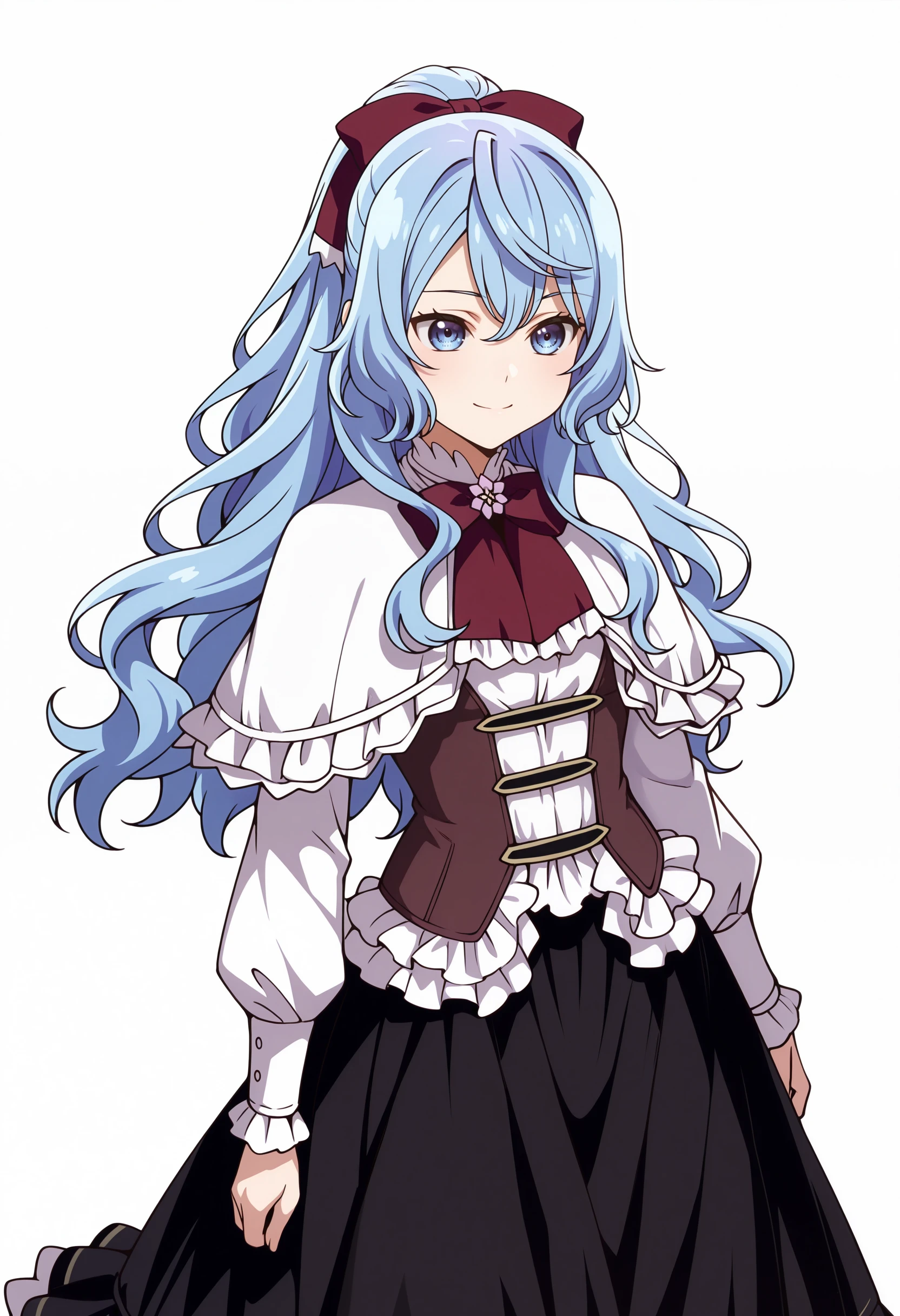 best quality, masterpiece \(quality\),
liselotte cretia, blue hair, hair bow, 
white capelet, long sleeves, vest, white shirt, long skirt, black skirt,
smile, closed mouth, 
1girl, solo,
cowboy shot, standing, arms at sides, 
white background, simple background,
 <lora:faux-liselotte-cretia-mixed4-illu-lora-rank128a32-came-attn:1.0>