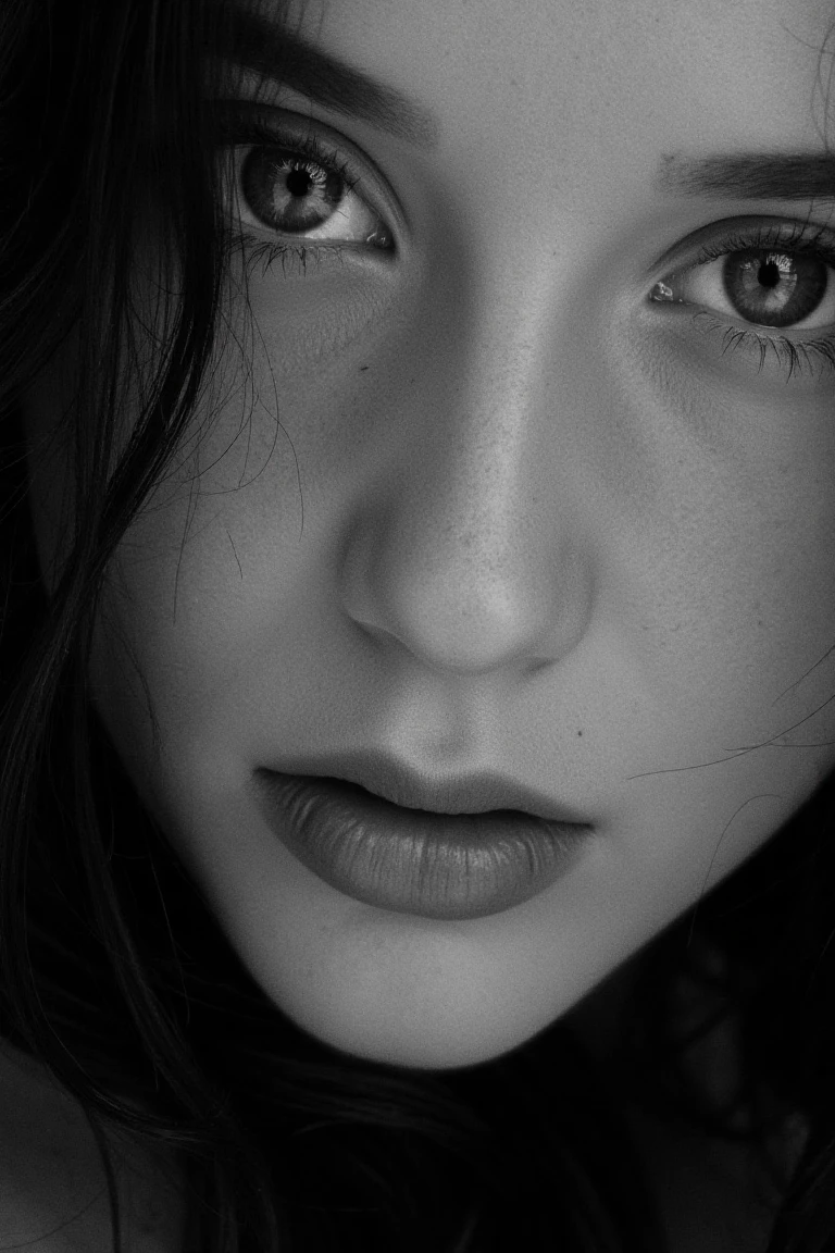 portrait inspired by Peter Lindbergh's photographic style of rachelwflx, a woman looking directly into the camera with an intimate and deep expression.  dark brown eyes. ** Lighting ** must be soft and natural,avoiding exaggerated perfection,and focusing on capturing the human essence and the natural beauty of women. Shadows and lights should accentuate the lines and textures of the face,highlighting its emotional and vulnerable expression. The woman's face is devoid of makeup or a very subtle touch,highlighting the authenticity and imperfection that Lindbergh valued in his portraits. The ** precise details ** include a deep look,with eyes that convey history,strength and fragility at the same time. The expression on her lips is relaxed,with a slight separation that adds a touch of naturalness and spontaneity. The texture of your skin,with all its small imperfections,pores and subtle wrinkles,should be faithfully captured,enhancing the real beauty without touch-ups or filters. The ** fundo ** is simple and out of focus,typically neutral,with shades of gray that do not distract attention from the face. The image uses minimal depth of field,with an absolute focus on the woman's face and the rest in a gentle blur. Black and white should be full of soft contrasts,but without losing the delicacy of the shadows,creating a raw,emotional and living environment. Make sure the image ** conveys a sense of humanity,authenticity and emotional connection **,key features of Peter Lindbergh'******. The woman must appear strong but accessible,showing her beauty without the need for ornaments,with a direct connection between her gaze and the viewer. ** Additional items ** are minimal,with all the attention on the woman's face and expression.