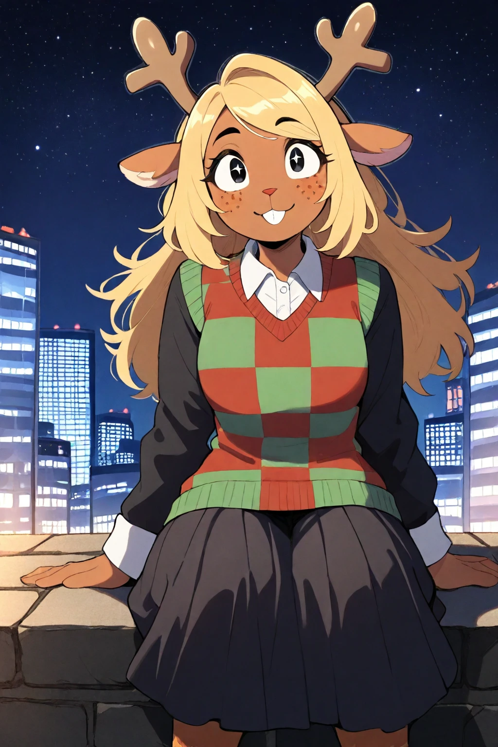 masterpiece, best quality, newest, absurdres, furry female, noelle_hol, deer girl, buck teeth, checkered sweater, skirt, sitting on brick wall, city background, urban, ((cityscape)), relaxed, black eyes, freckles,
BREAK
dark background, dynamic background, stars, night, outdoor,  <lora:Noelle_Holiday_-_Deltarune_IL:1>