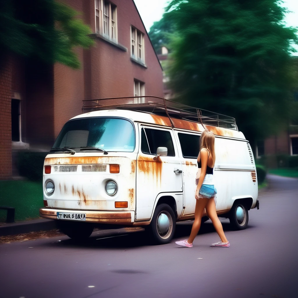 Rusty white van, scruffy paint job, small dents and scratches, parked near a university campus, lots of attractive and beautiful  looking women walking past van, laughing and happy. They are colleges students going to class,