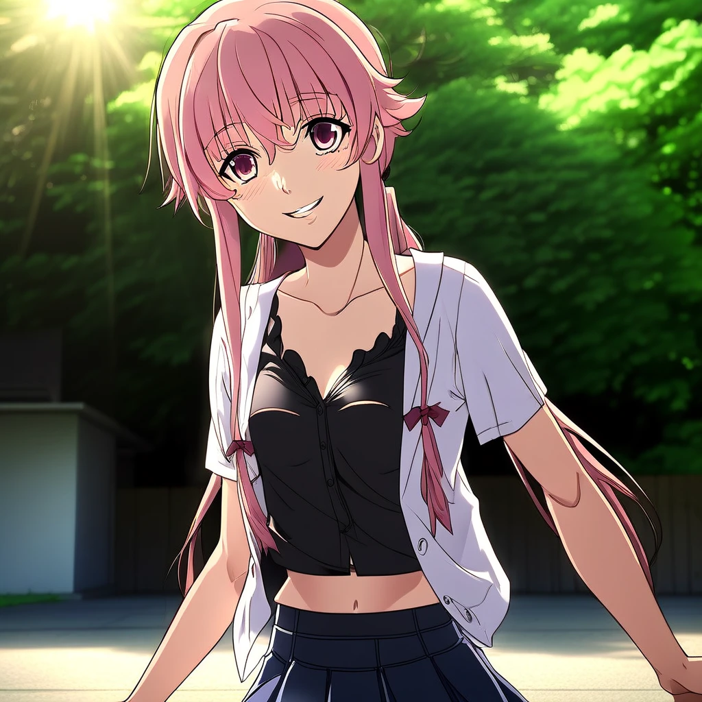 (masterpiece), (best quality), dramatic lighting, light rays, detailed background BREAK <lora:yuno_v2:1>, gasai yuno, white cardigan, black shirt, denim skirt, miniskirt, collarbone BREAK closed eyes, (head tilt:0.8), smile, arms behind back, outdoors