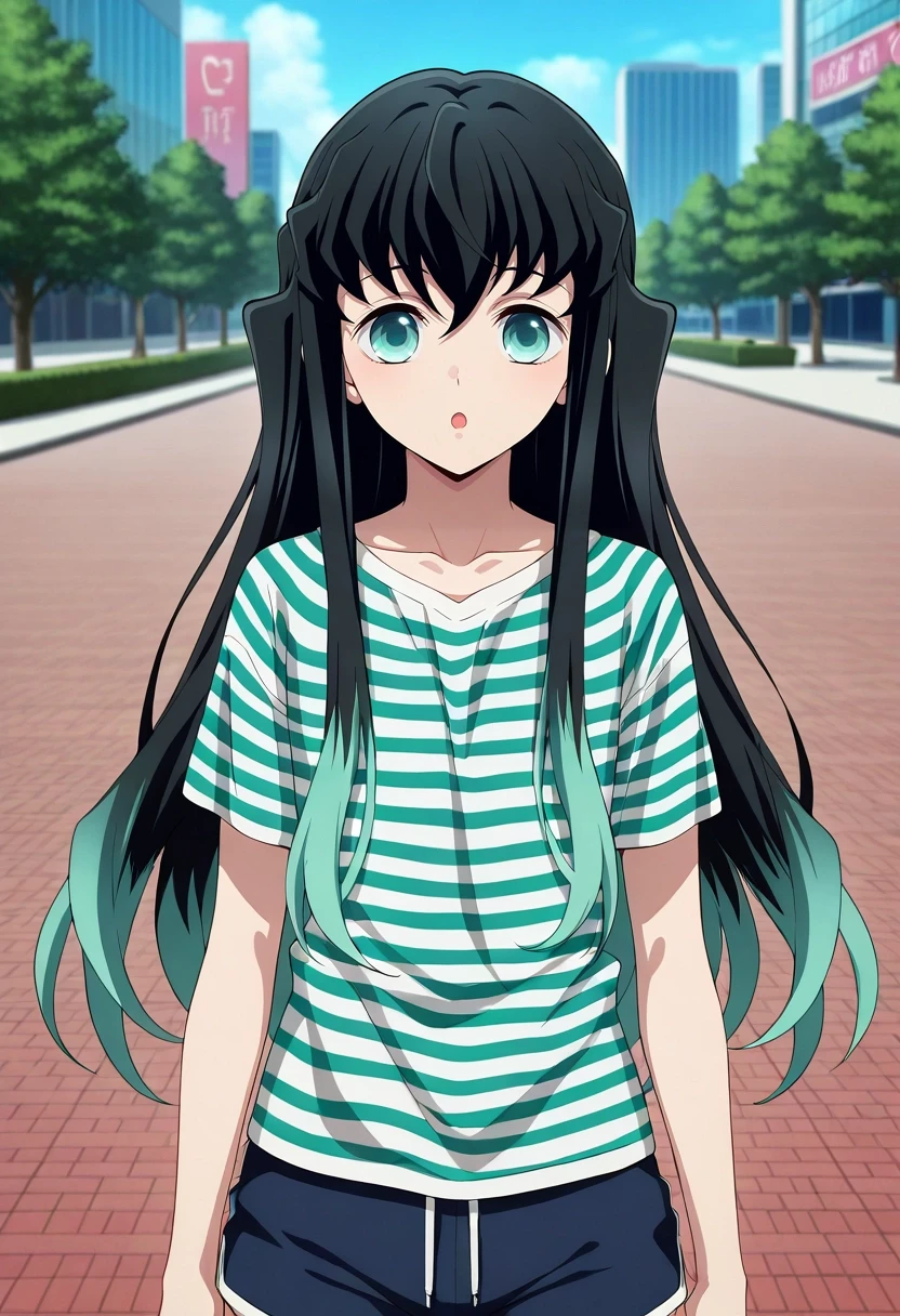 masterpiece, best quality, , anime screencap, , , looking at viewer, , 1boy, solo, male focus, <lora:muichirou_tokitou_ilxl:0.98>, muichirou_tokitou, black hair, aqua eyes, long hair, bangs, hair between eyes, sidelocks, multicolored hair, two-tone hair, gradient hair, aqua hair, upper body, plaza, midnight, pose, :o, Dress shorts, Vermilion Ruffled Striped shirt, Chelseas, ,