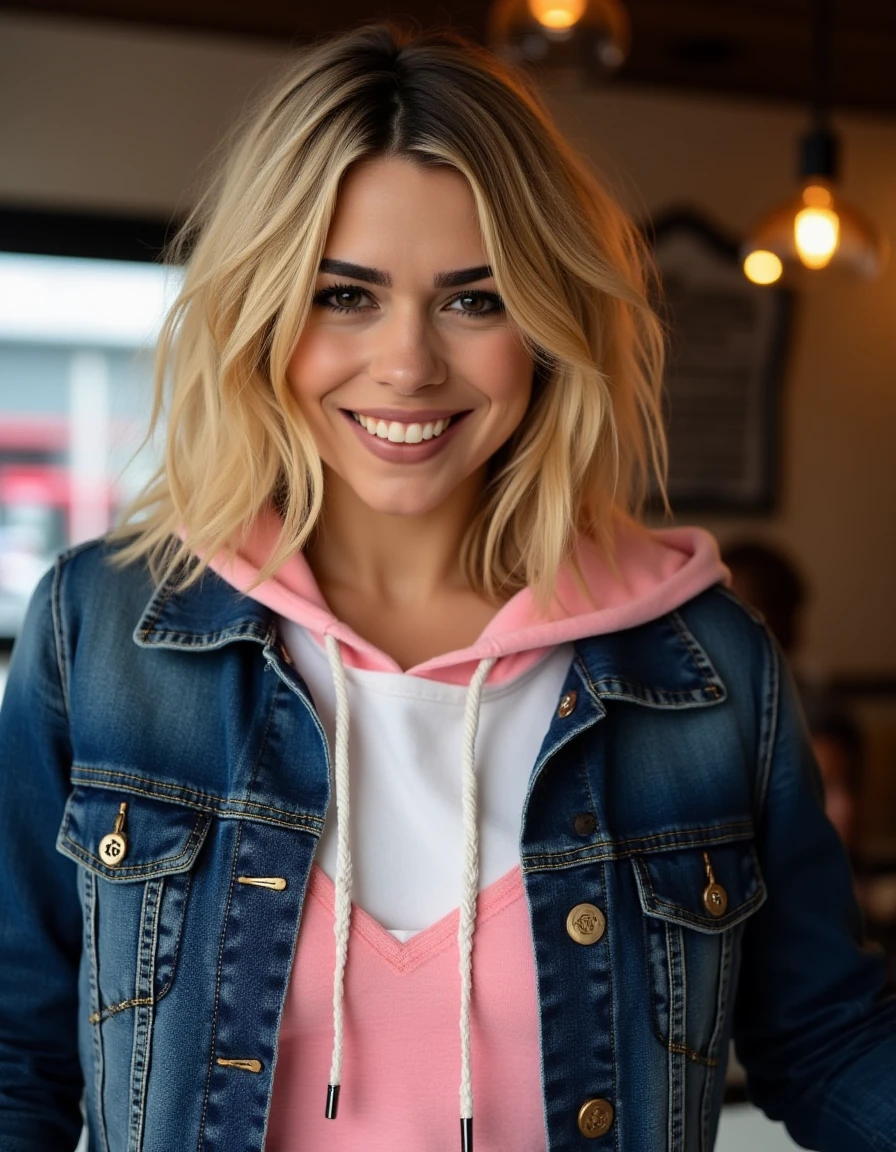 <lora:Billie_Piper_Flux:1> beautiful detailed photograph, wavy blonde shoulder length hair, accentuated by dark eyeliner and mascara, and she has a natural, light pink lipstick on her full lips. She is wearing a dark blue denim jacket over a white and pink hoodie, with the hood pulled up, adding a casual, edgy vibe. wearing a boatneck dress, standing in a cafe, looking at the viewer, smile