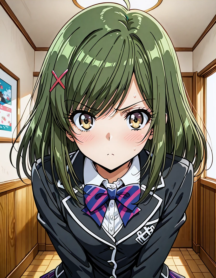 <lora:TachibanaYuria_illust_2:0.6> masterpiece, best quality, 1girl, solo,  tachibana yuria, green hair, x hair ornament,
black jacket, bowtie, plaid skirt, looking at viewer, indoors,