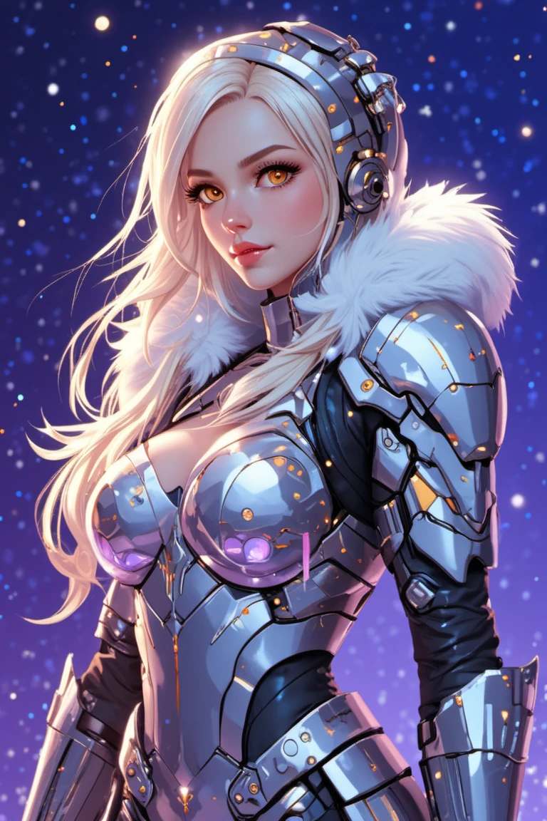 highly detailed digital artwork, female cyborg, futuristic sci-fi aesthetic, sleek metallic armor, glossy appearance, segmented armor, smooth pale skin, long blonde hair, loose waves, expressive eyes, contemplative gaze, Santa hat, red with white fur trim, festive theme, garland of sparkling ornaments, glowing multicolored lights, dark blue and purple gradient background, bokeh lights, pink orange yellow, magical holiday atmosphere, polished realistic style, intricate detail, reflective metallic textures,d2j3m0x