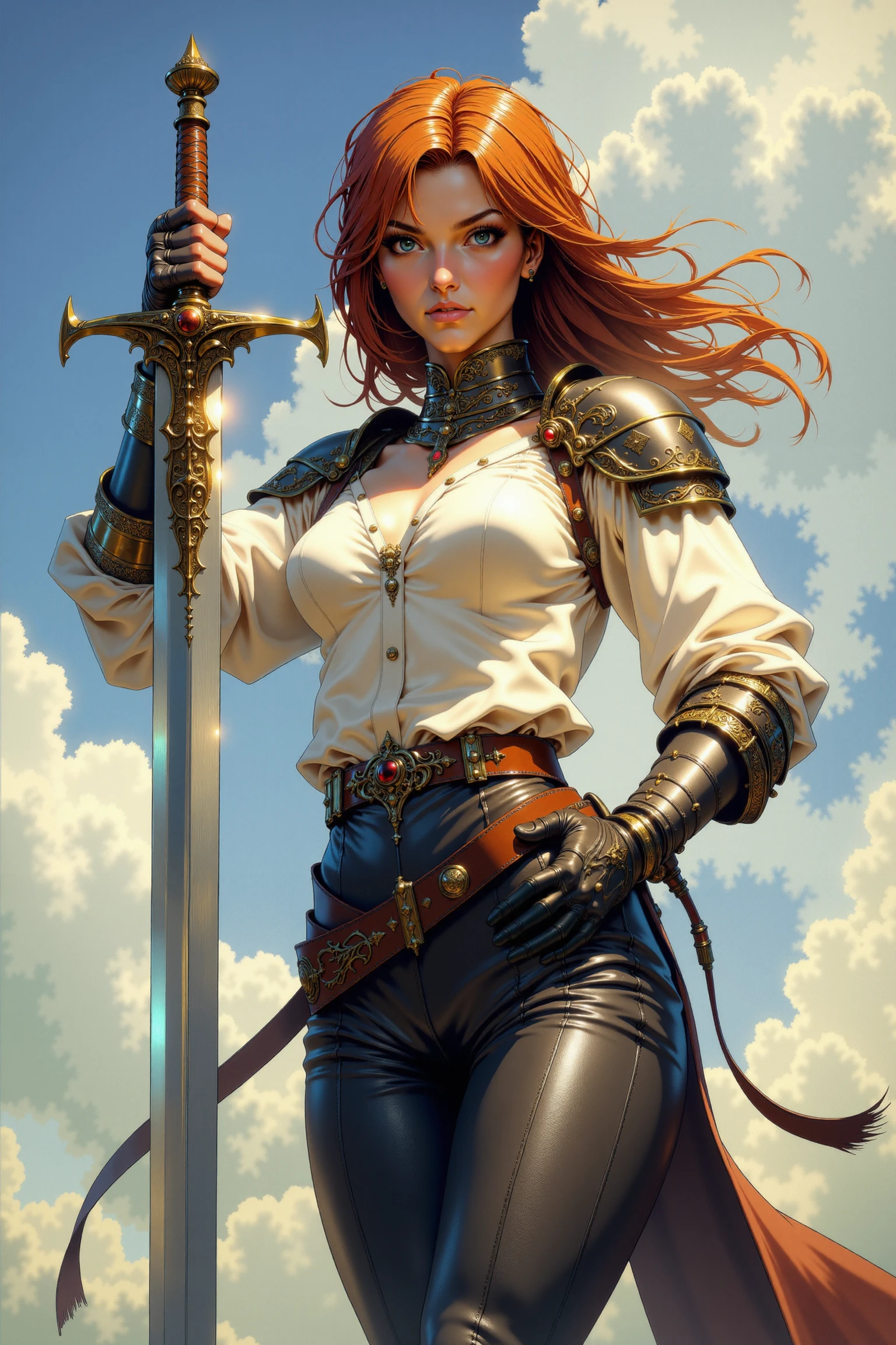 <lora:FANCHA_style:0.9> FANCHA style detailed digital illustration featuring a striking, confident warrior standing against a bright, open sky, exuding charisma and strength. Her long fiery-red tousled hair flows in voluminous waves, catching the light of the sun and cascading around her shoulders in fiery hues, contrasting beautifully with the soft blue and white tones of the background sky. Her piercing, pale blue eyes hold a gaze of both determination and allure, enhancing her (fierce yet attractive and smiley expression). She is clad in a hybrid of practical armor and elegant clothing that emphasizes her dual nature as both a fighter and a symbol of grace and beauty. A white, high-collared blouse with billowing sleeves is slightly undone at the chest, adding a hint of boldness to her otherwise polished appearance. Over this, she wears finely crafted plate armor that protects her shoulders and arms, adorned with intricate, gold-inlaid patterns shaped like swirling sigils, suggesting both her status and skill. Her leather gloves are sturdy, well-worn, and practical. Her lower attire consists of form-fitting dark leather trousers accentuating her slender hips, and secured with a wide, ornate belt featuring metallic clasps and buckles. The trousers seamlessly transition into thigh-high leather boots reinforced with sleek, engraved metal greaves, balancing mobility with protection. The sheen of her mirror-like armor catches the sunlight, creating a dynamic interplay of textures that emphasizes her as the centerpiece of the composition. The warrior leans casually against a tall, elegant sword, which is planted firmly into the ground. The sword's hilt is ornate, featuring gold accents and a finely detailed cross-guard shaped like  wings. The blade itself shines, perfectly polished to a mirror-like finish, hinting at its role as both a weapon and a symbol of her authority. Her gloved hand rests confidently on the swordâs pommel, reinforcing her commanding yet elegant  presence. The background is composed of a vast, open sky, dotted with soft intricate clouds that frame her slender figure and create a sense of immensity and freedom. The bright, natural lighting accentuates the warm tones of her hair and the metallic gleam of her armor, contrasting gently with the cool blues of the sky. The composition is heroic and empowering, capturing her as a proud and capable warrior who commands respect and admiration.