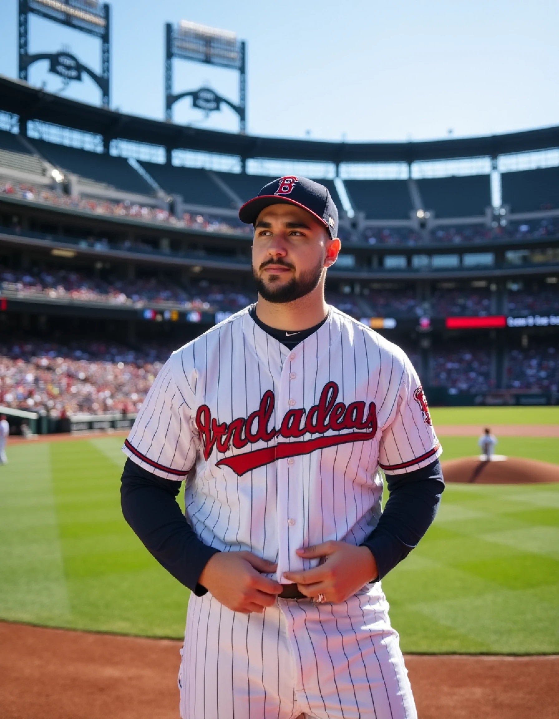 fr4nk4lv4r3z photo of a man standing in a baseball stadium. he is handsome. he is wearing a baseball jersey. he is wearing baseball pants. he has a determined look on his face. it is a sunny day. the stadium is packed with people. it is during a baseball game. 