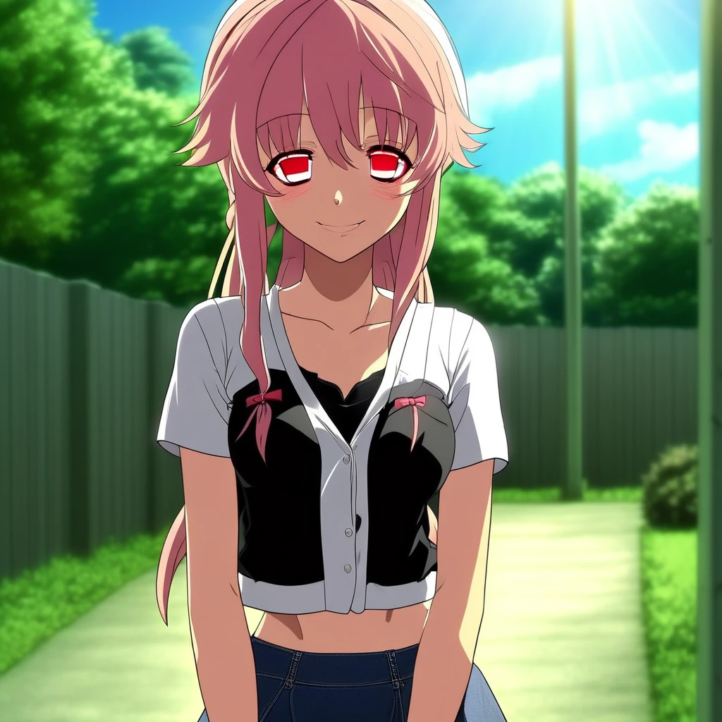 (masterpiece), (best quality), dramatic lighting, light rays, detailed background BREAK <lora:yuno_v2:1>, gasai yuno, white cardigan, black shirt, denim skirt, miniskirt, collarbone BREAK closed eyes, (head tilt:0.8), smile, arms behind back, outdoors