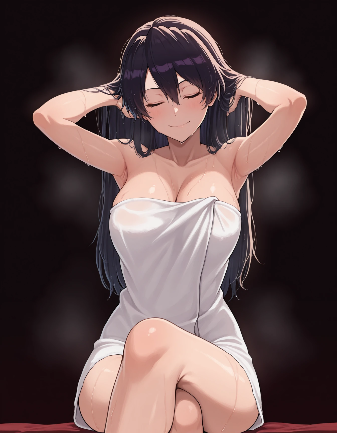 <lora:Bambietta_Basterbine_Illustrious:1>
simple black background,
bambietta_basterbine, 1girl, black hair, long hair, hair between eyes,
naked towel, hands in hair, armpit, wet hair,  facing viewer, wet skin, steam, sitting, thighs, closed smile, eye closed, legs crossed,
simple background, masterpiece, best quality