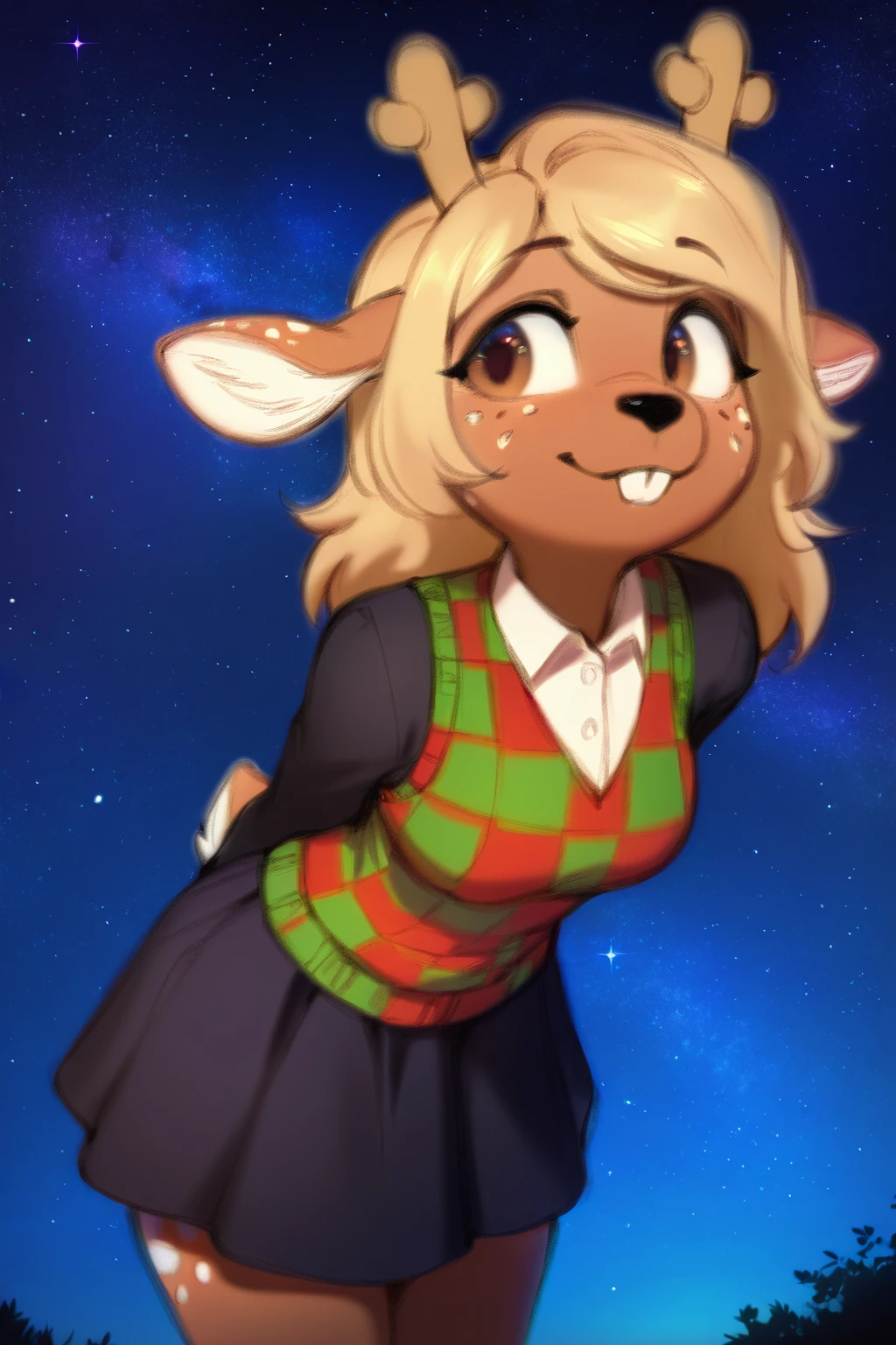 masterpiece, best quality, newest, absurdres, furry female, noelle_hol, deer girl, buck teeth, checkered sweater, skirt, medium breasts, leaning forward, seductive, alluring, arms behind back, brown eyes, freckles,
BREAK
dark background, dynamic background, stars, night, outdoor,  <lora:Noelle_Holiday_-_Deltarune_IL:1>