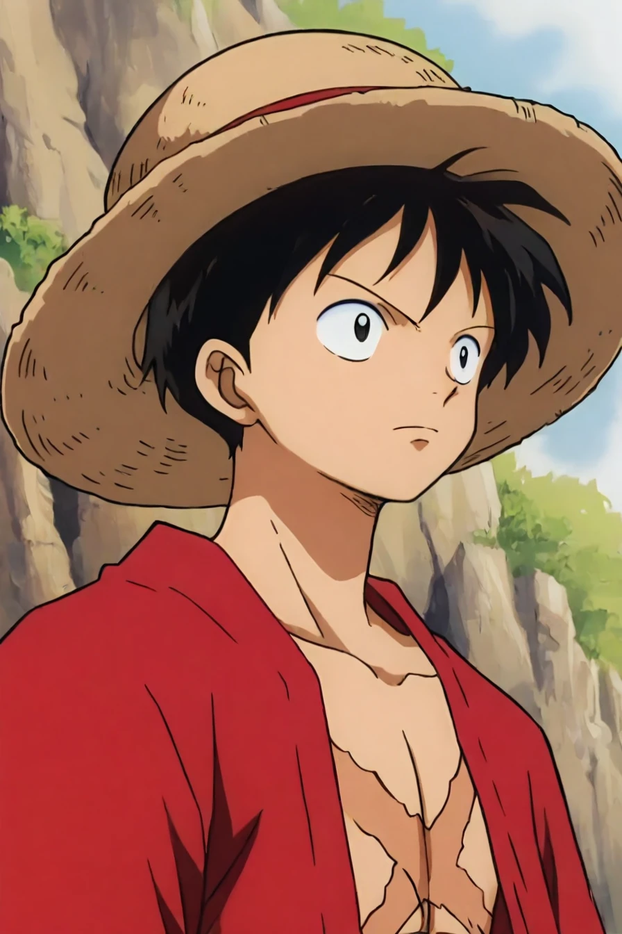 <lora:LUFFY_pony_XL:0.6>, Luffy, red jacket, scar on chest, straw hat, black hair, 1boy, solo, alone, <lora:inuyasha_style_illustriousXL:0.8>, inuyasha_style,  masterpiece, highres