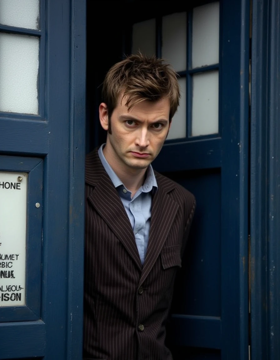 <lora:David_Tennant_Flux:1> This photograph captures a young man standing in the doorway of a blue police box, also known as a TARDIS from the television series "Doctor Who." The man, who appears to be in his late twenties or early thirties, has short, neatly styled brown hair and a serious expression. He is dressed in a dark brown, pinstriped suit jacket over a light blue dress shirt, which is unbuttoned at the top, revealing a white undershirt. The suit jacket has a classic, formal look, adding to the somber atmosphere of the scene.
The TARDIS door is partially open, revealing a small, rectangular window with a white frame. The door is painted a deep blue, and it has a metallic texture. A sign on the door reads "POLICE TELEPHONE - FREE FOR USE OF PUBLIC - ADVICE & ASSISTANCE - OFFICER CAN BE CALLED - DOOR TO OPEN" in black text on a white background. 
The overall mood of the image is contemplative and slightly melancholic, enhanced by the man's expression and the vintage, nostalgic feel of the TARDIS