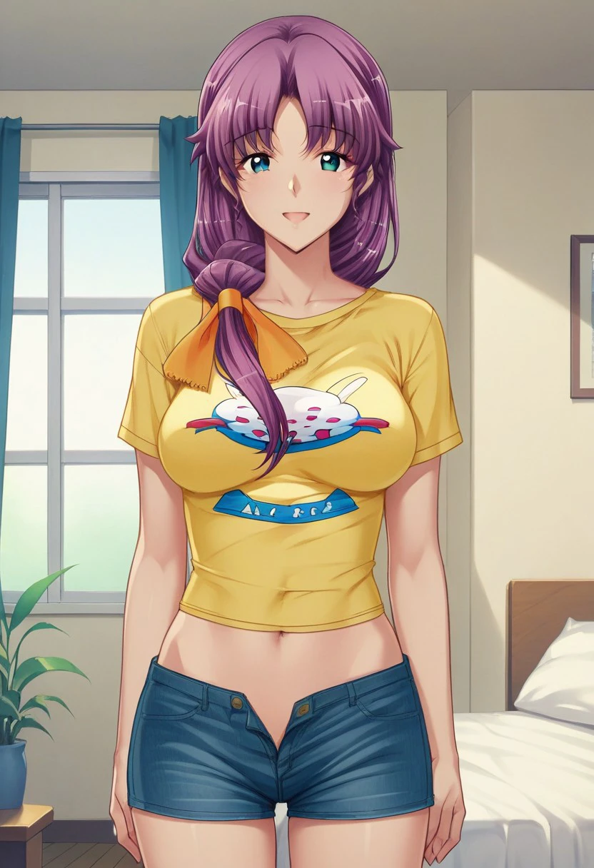 score_9, score_8_up, score_7_up, source_anime, indoors, 1girl, solo,looking at viewer, happy,indoors,medium breasts,Teal eyes,Curtained hair, Long hair, hair Parted in Middle, low Ponytail, Violet hair,hair over shoulder,hair ribbon, yellow hair ribbon,mature female,yellow hair ribbon,mature female,yellow shirt,shirt,short shorts,denim shorts,blue short,navel out ,midriff,taut clothes,rabbit print on shirt,open fly