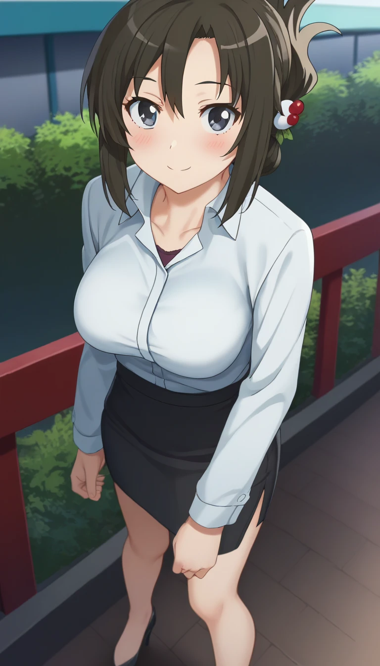 (High-resolution images, Atmospheric perspective, 8k, Super Detail, Accurate, highest quality, Single Shot), woman, Casual clothing, Tight Skirt, squat, ((Orgasm face by masturbation, Sweat)), (Realistic Eye Size, Droopy eyes, blush, smile), Last, braid hair up, Unbuttoned shirt, Swollen areola, (((Showing off mainly pubic hair))), On the streets of downtown,