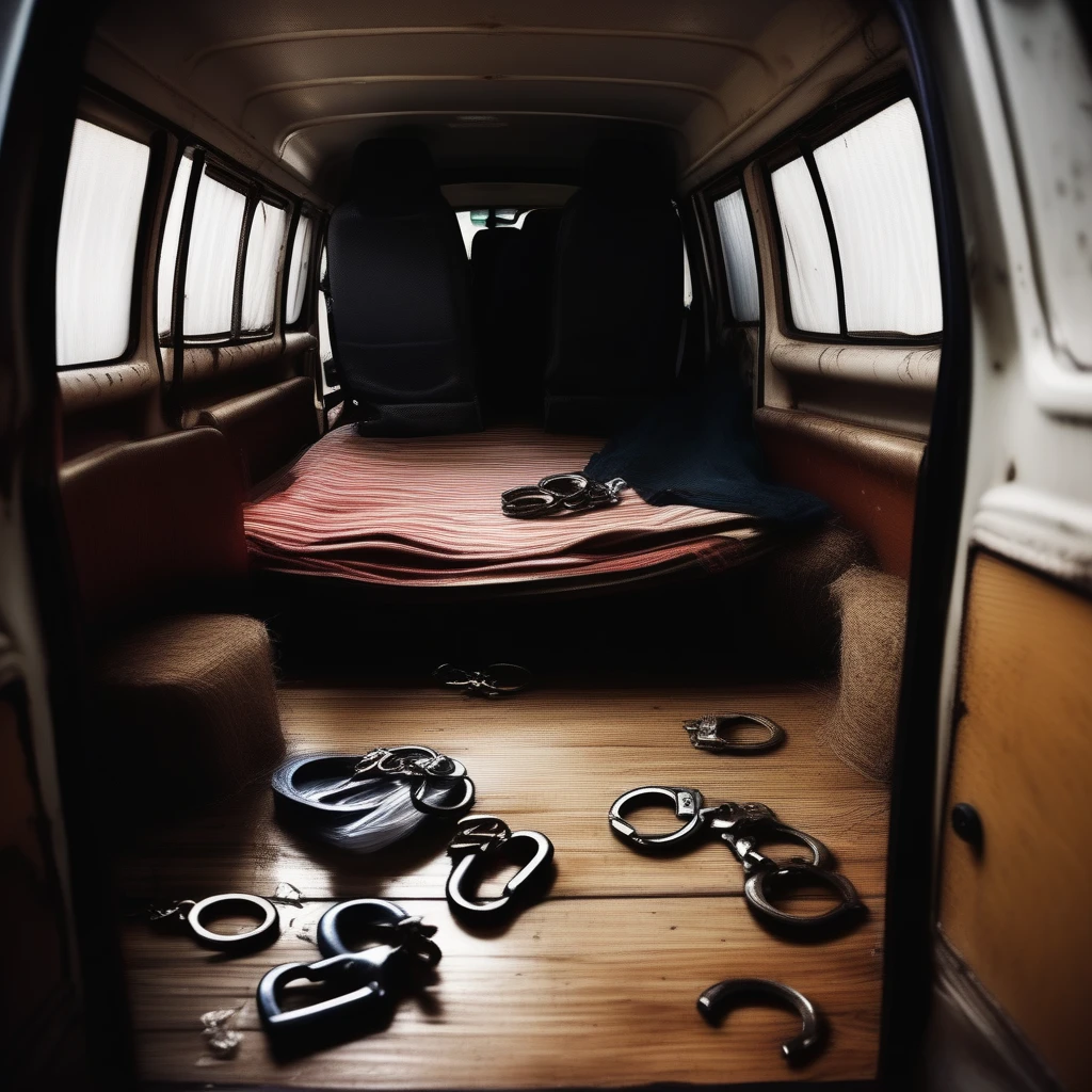 Looking into a scruffy work van interior. Empty van interior, wood panelling on the inside of the side walls, dusty wooden floor, old torn and stained striped mattress on the dirty floor of the van at an angle with large wet stain in the middle. A thin sisal rope length lies coiled on top of each corner of the mattress. A pair of black lace womens thong panties lies discarded on the floor. Four sets of handcuffs lie carelessly discarded on the floor, a small tub of vaseline is in the floor next to the open back doors, brightly lit interior of van