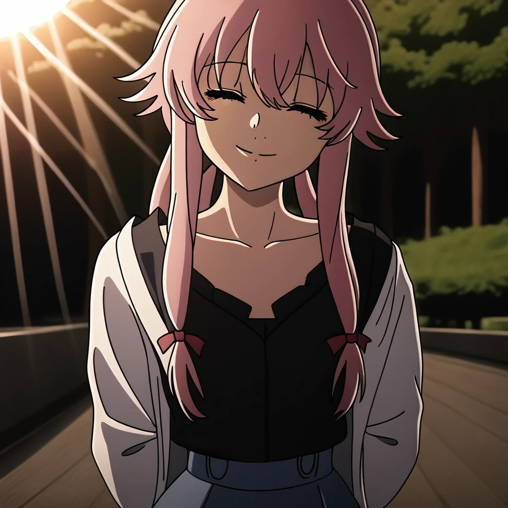 (masterpiece), (best quality), dramatic lighting, light rays, detailed background BREAK <lora:yuno_v2:1>, gasai yuno, white cardigan, black shirt, denim skirt, miniskirt, collarbone BREAK closed eyes, (head tilt:0.8), smile, arms behind back, outdoors