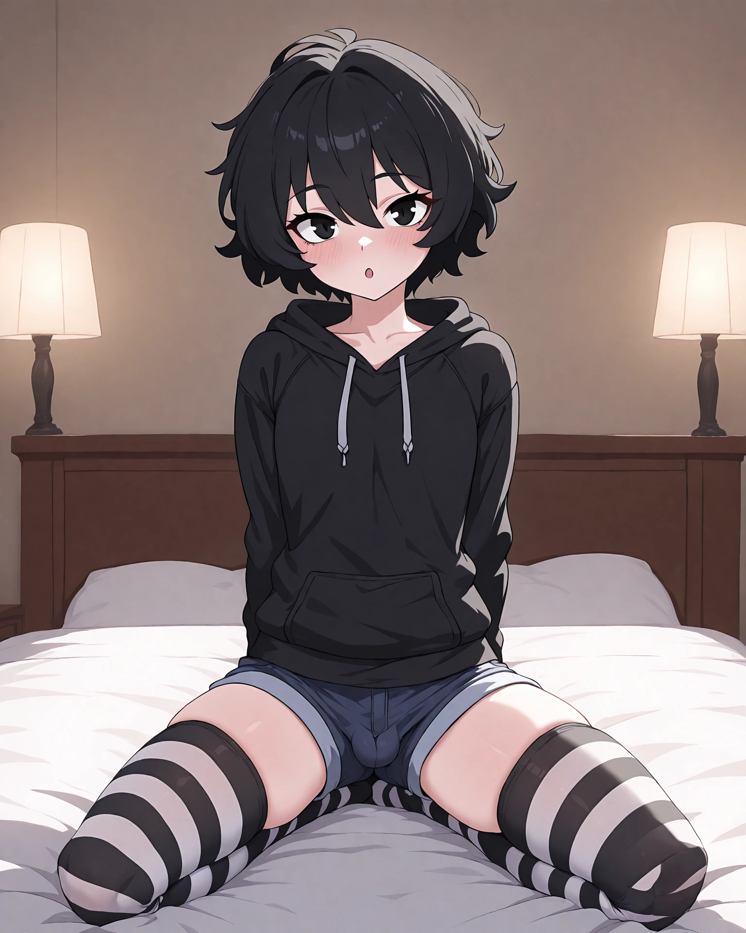 highres, hi res, best quality, masterpiece, intricate details, absurdres, 4k, very aesthetic, great lighting, detailed face, 1boy, solo, doomerboy, :o, black hair, black eyes, short hair, hair between eyes, flat chest, blush, black hoodie, bedroom, seiza, on bed, black denim shorts, thighhighs, striped thighhighs, multicolored legwear, black and wight legwear, bulge, small penis, looking at viewer, facing viewer,  <lora:Doomerboy:1>  <lora:StS-Illustrious-Detail-Slider-v1.0:5>