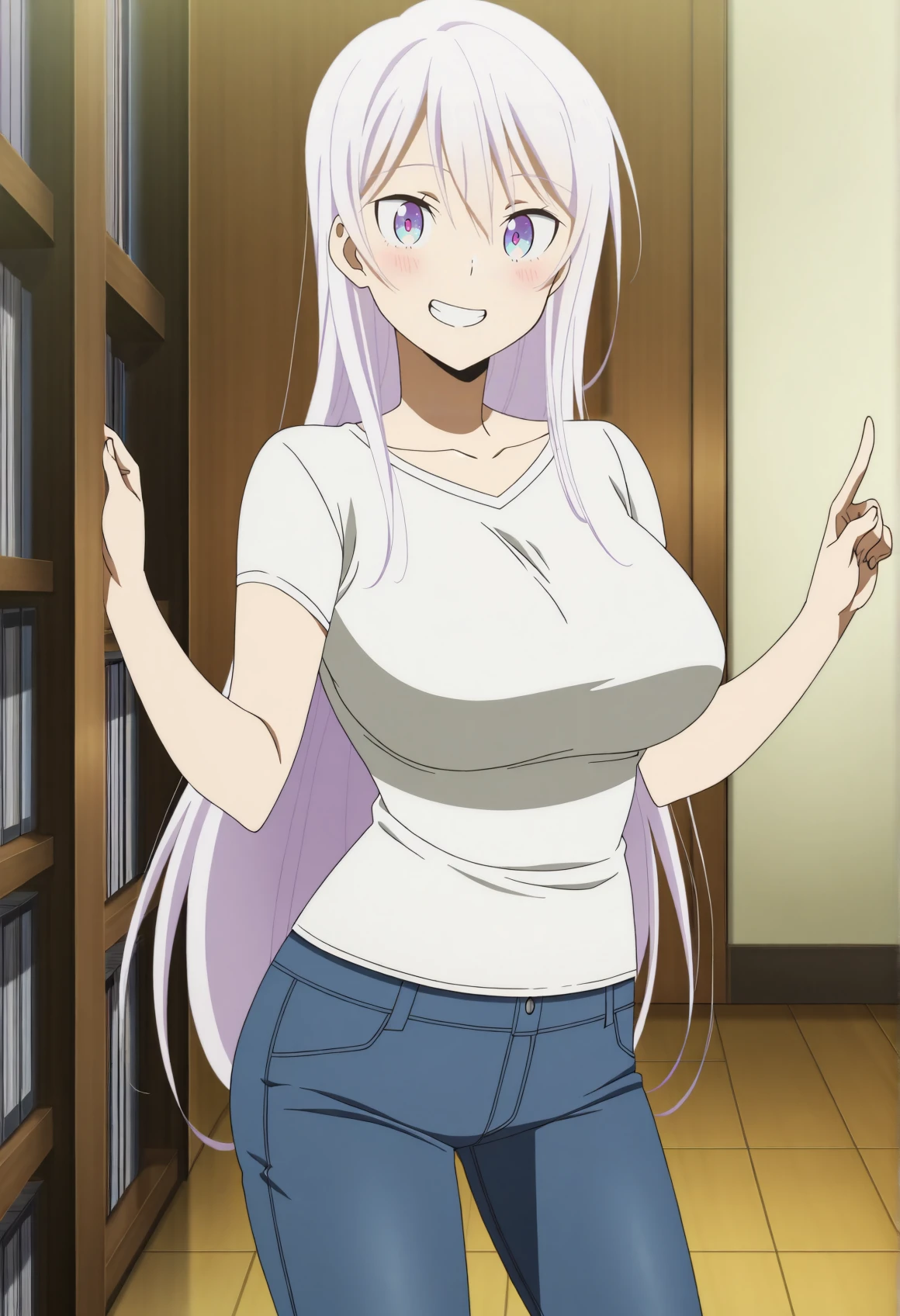 highres, best quality, masterpiece, anime screencap, indoors, bookshelf, 
solo, 1girl, fdreona, white hair, very long hair, large breasts,
white shirt, t-shirt, short sleeves, collarbone, pants, denim, jeans,
looking at viewer, blush, smile, teeth,
standing, pointing, 
<lora:_kisaragi_reona-elesico-ilxlB-000012:1>