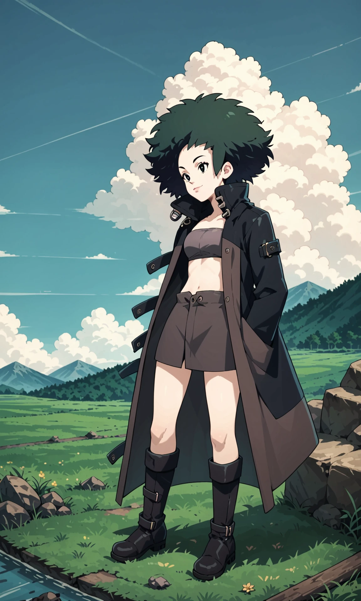 score_9, score_8_up, score_7_up, source_anime, 1girl, solo, LashAW, big hair, afro, black hair, black coat, tube top, short, black knee boots, <lora:Lash-AW-pony-v2:0.8>  trench coat, outside, mountain, sky, grass,