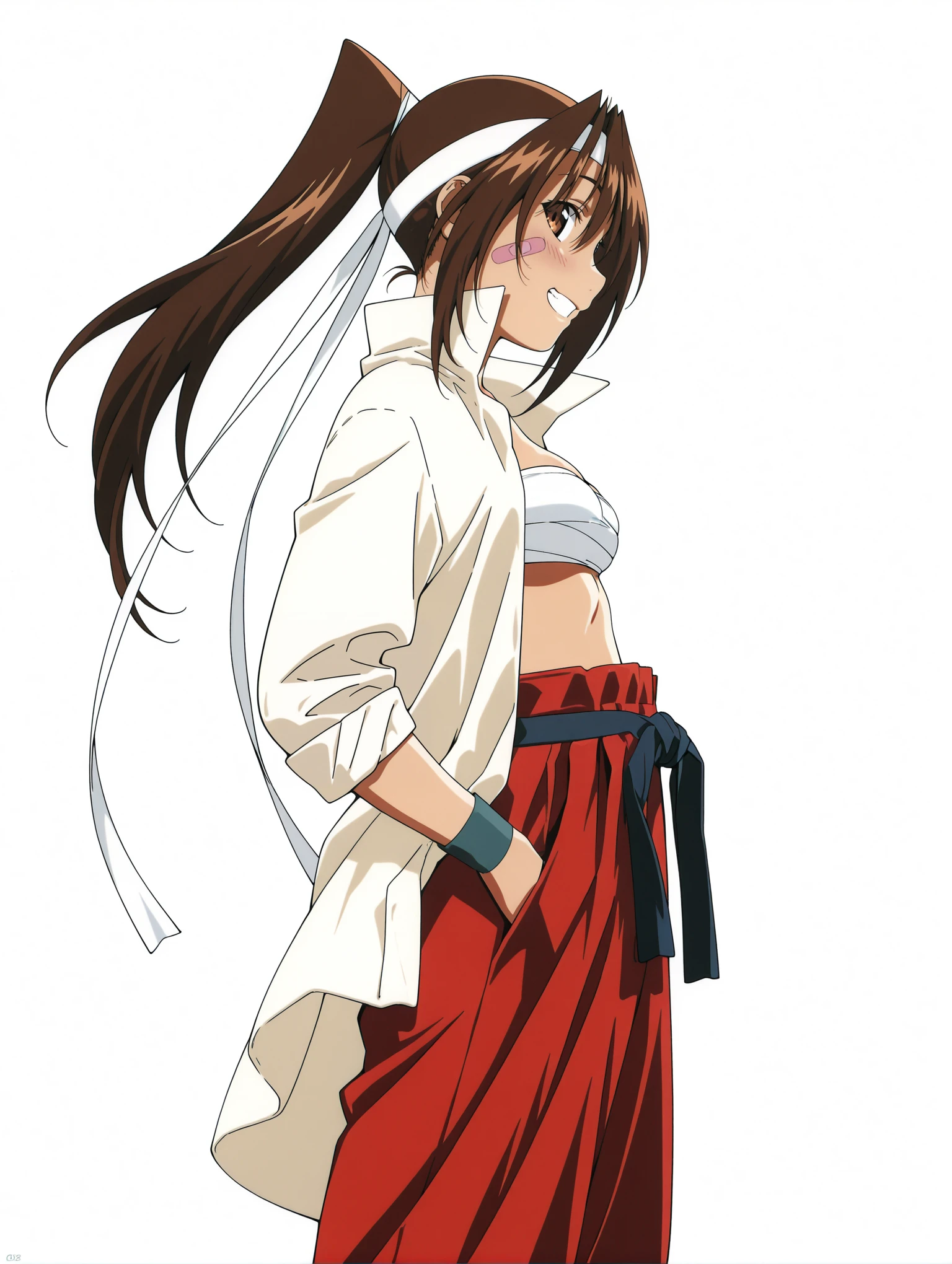 masterpiece,best quality,amazing quality,
solo,1girl,
<lora:K_momiji_ilxl_v1:1>,K_momiji,brown eyes,brown hair,ponytail,headband,bandaid on face,sarashi,hakama skirt,open clothes,red hakama,hands in pockets,medium breasts,simple background,
<lora:Fixhands_anime_bdsqlsz_V1:1>,standing,front view,blush,light_blush,looking_to_the_side,full_shot,looking_at_viewer,profile,grin,