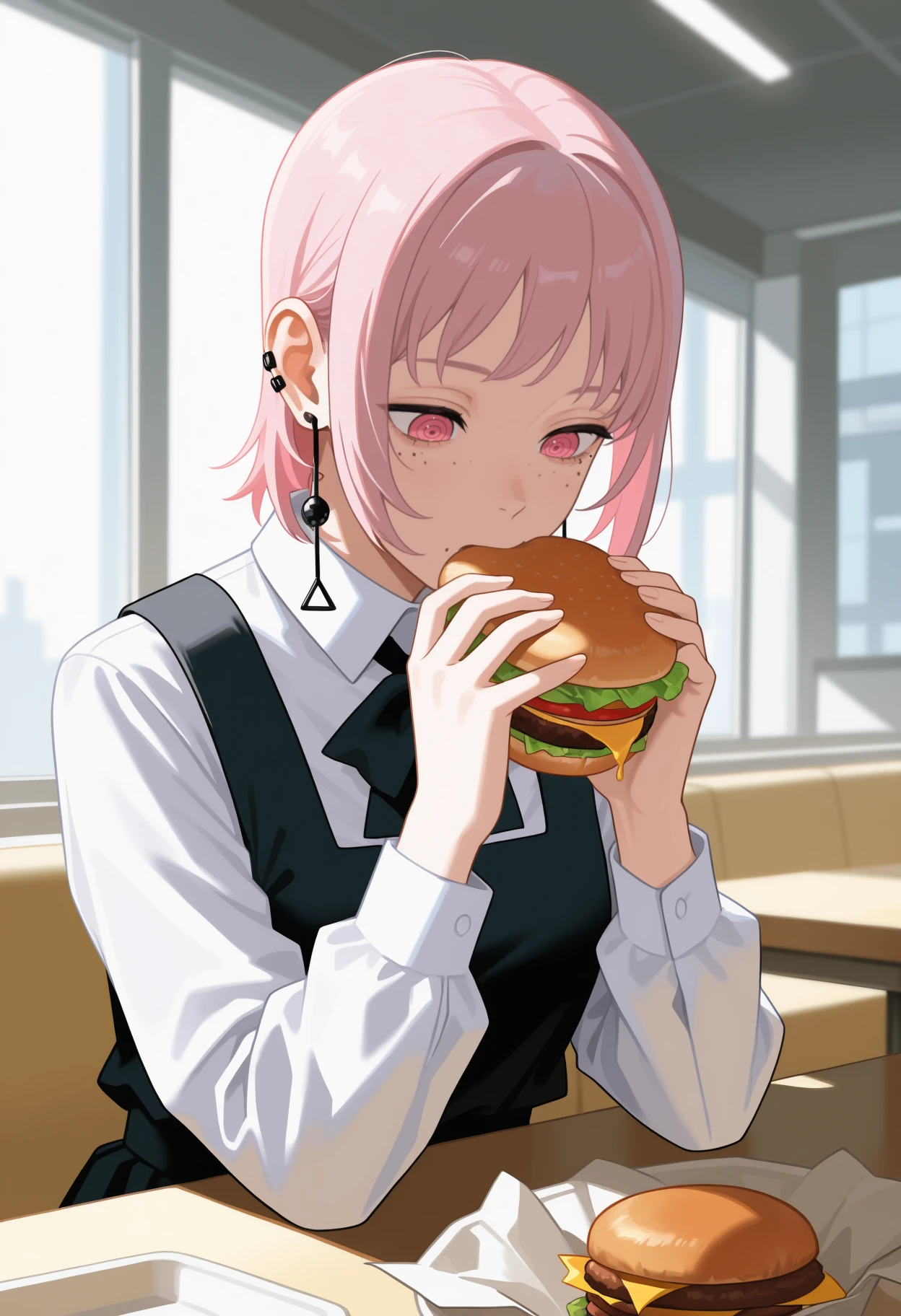 masterpiece, best quality, <break> upper body, solo, 1girl, f4mi, multiple moles, mole under eye, mole under mouth, ear piercing, eating, looking down, holding food, burger, two-handed, short hair, pink hair, pink eyes, ringed eyes, school uniform, black dress, pinafore dress, sleeveless dress, white shirt, collared shirt, neck ribbon, black ribbon, long sleeves, tassel earrings, indoors, cafeteria, table, window, sunlight
<segment:yolo-Anzhc Face seg 640 v2 y8n.pt,0.4,0.5//cid=1>