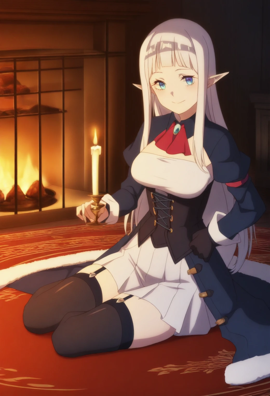 <lora:Lu - [Farming Life in Another World] - illustriousXL v1:1>, sysdeep_lu, silver hair, blue eyes, candlelit chamber, sitting on fur rug, corset and stockings, warm and inviting ambiance