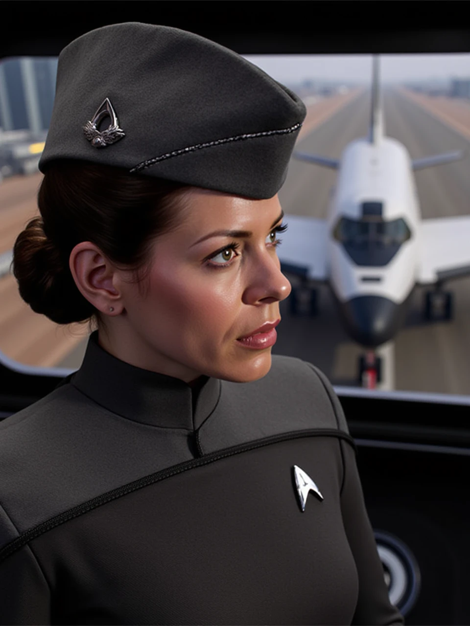 This is an overhead shot taken from a Starfleet border space station, which is brightly lit with a space shuttle ready for takeoff in the background. The woman in the photo is wearing a gray Starfleet uniform with a dark gray garrison cap on her head with a captain's rank insignia on the side of the cap as she prepares for a flight mission in the cockpit of the shuttle.

coh24, garrison cap, 