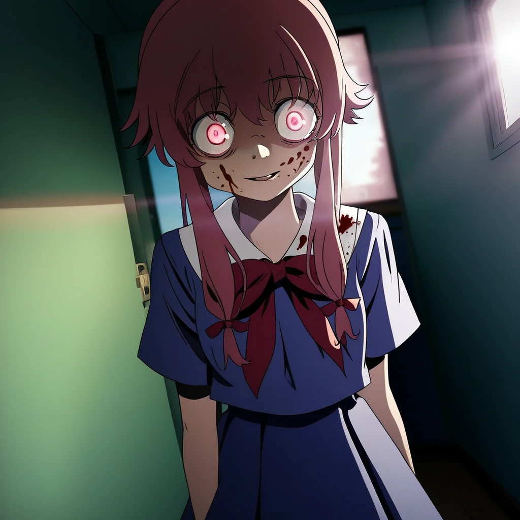 (masterpiece), (best quality), dramatic lighting, light rays, detailed background BREAK <lora:yuno_v2:1>, gasai yuno, school uniform, blue shirt, blue skirt, knee socks, cowboy shot BREAK looking at viewer, (happy:0.7), (blood on face), (yandere, crazy eyes:1.1), indoors, school hallway, window, trees, standing, (locker:0.8), dutch angle, blue sky