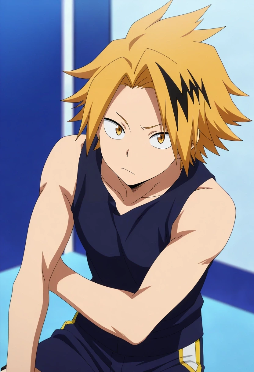 masterpiece, best quality, , anime screencap, , official style, , depth of field, 1boy, solo, male focus, <lora:denki_kaminari_ilxl:0.9>, denki_kaminari, blonde hair, yellow eyes, short hair, spiked hair, multicolored hair, two-tone hair, black hair, streaked hair, , shorts,