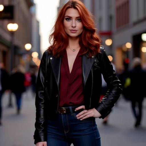 A 3/4 view of a red-haired woman wearing a sleek black leather jacket over a maroon blouse tucked into high-waisted jeans. Her hair is styled in loose waves that cascade over her shoulders, and she stands confidently with one hand on her hip. The setting is a city street at dusk, with softly glowing streetlights and blurred pedestrians in the background.