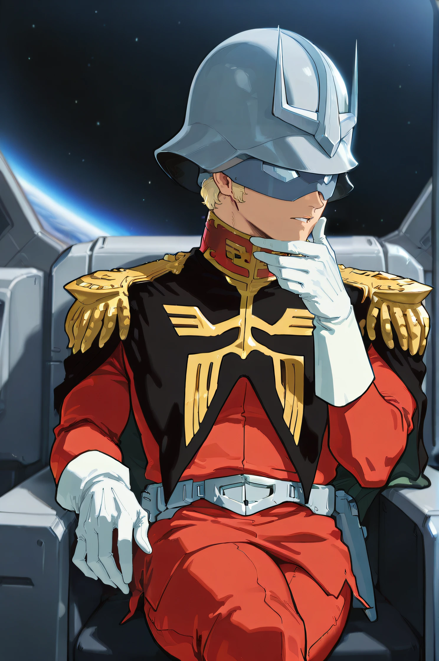 masterpiece, best quality, highres, newest, scenary, 1boy, solo, <lora:IL_Char_Aznable:1>, char, military uniform, mask, helmet, white gloves, long gloves, five fingers, frontal view, parted lips, hand on chin, crossed legs, cowboy shot, space background, sitting, facing away