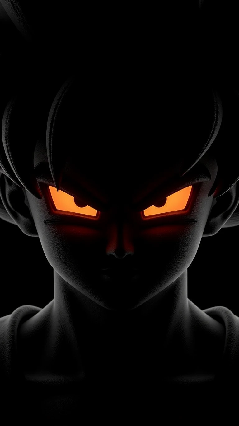 hy3ddk,close-up,the Son Goku from the Dragon Ball in the black background,backlighting.The eyes emit a linear orange light，Frosted material surface, black frosted render material, rock texture, strong_rim_light, backlighting,High contrast，